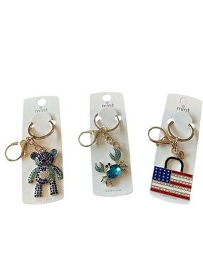 Rhinestone Keychain Bundle of 3 Crystal Bear, Teal Crab & RWB Flag Keychain NWOT